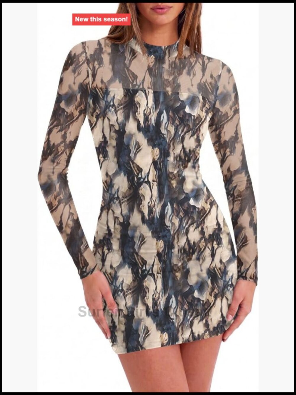 Sheer Mesh Long Sleeve Bodycon Dress Mock Neck Ruched Mini